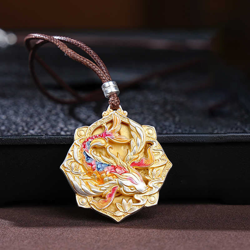 Buddha Stones Collier pendentif porte-bonheur en argent sterling 999, orné d'une carpe koï colorée sculptée. - Poisson Koi (Chance ♥ Prospérité) - image 0