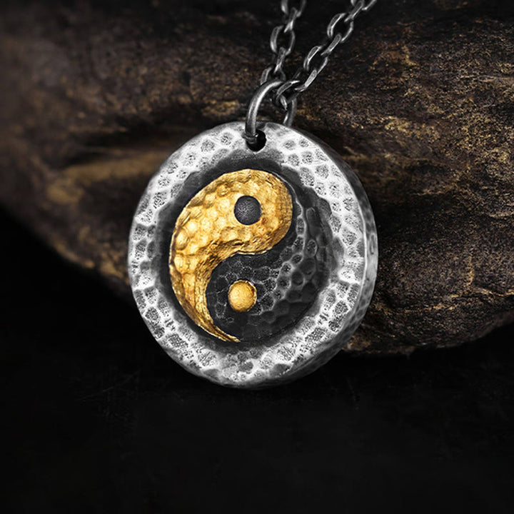 Buddha Stones Collier pendentif en argent sterling 999 et or 999, équilibre Yin Yang, chaîne en acier titane - Yin-Yang - image 0