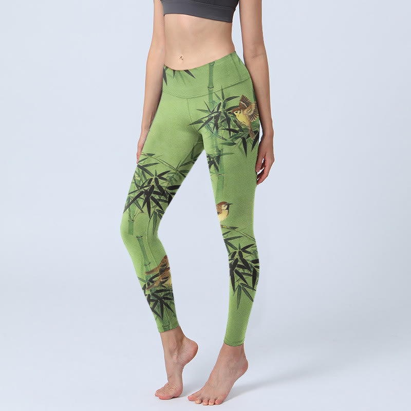 Buddha Stones Leggings de sport pour femmes, imprimé élégant de feuilles de bambou et d'oiseaux, pantalon de yoga - JauneVert - US18，UK/AU22，EU50 (4XL) - image 0