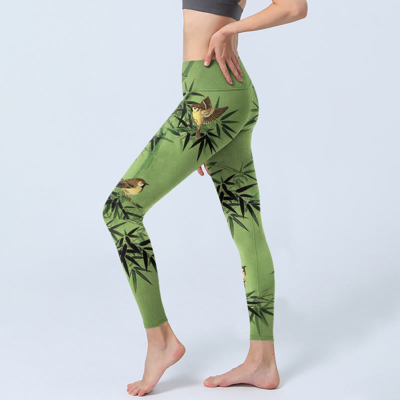 Buddha Stones Leggings de sport pour femmes, imprimé élégant de feuilles de bambou et d'oiseaux, pantalon de yoga - image 2