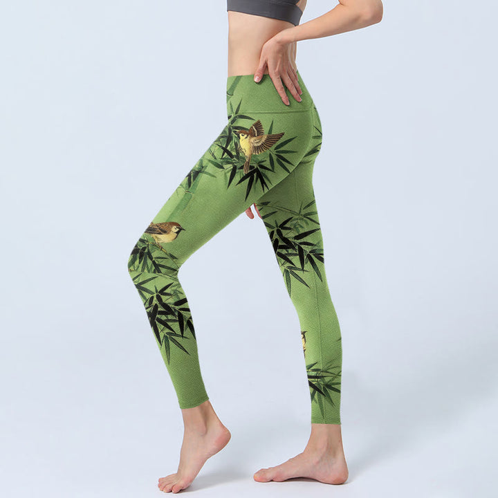 Buddha Stones Leggings de sport pour femmes, imprimé élégant de feuilles de bambou et d'oiseaux, pantalon de yoga - image 2