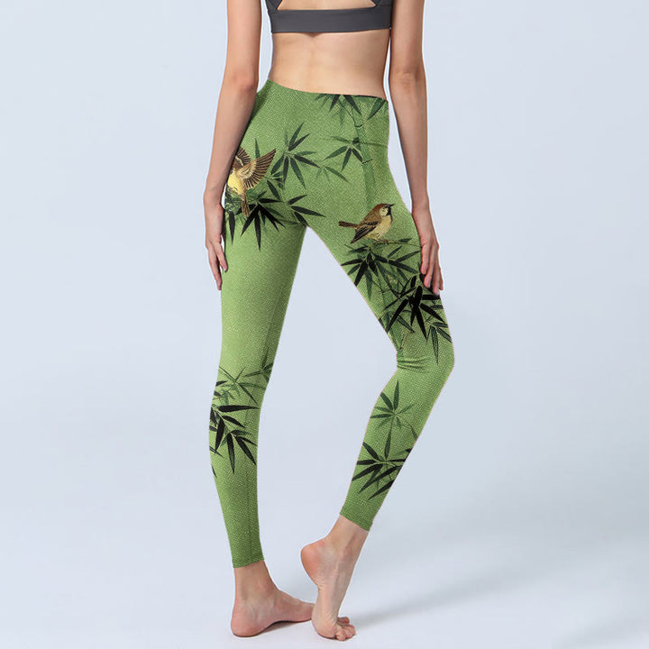 Buddha Stones Leggings de sport pour femmes, imprimé élégant de feuilles de bambou et d'oiseaux, pantalon de yoga - image 4