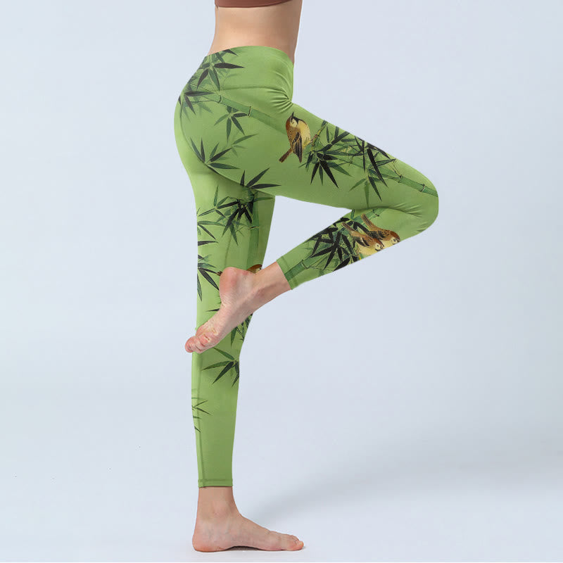 Buddha Stones Leggings de sport pour femmes, imprimé élégant de feuilles de bambou et d'oiseaux, pantalon de yoga - image 3