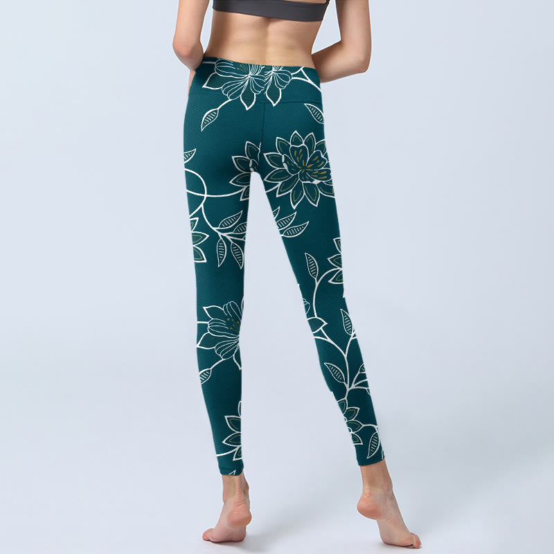 Buddha Stones Leggings de sport rétro élégants à imprimé floral et feuilles, pantalon de yoga pour femme - image 6