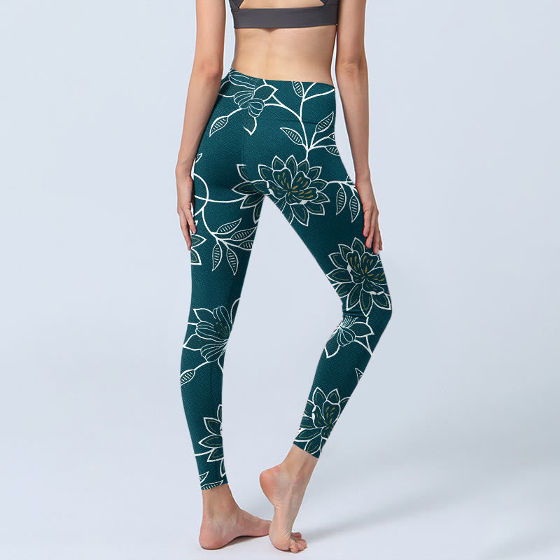 Buddha Stones Leggings de sport rétro élégants à imprimé floral et feuilles, pantalon de yoga pour femme - image 4