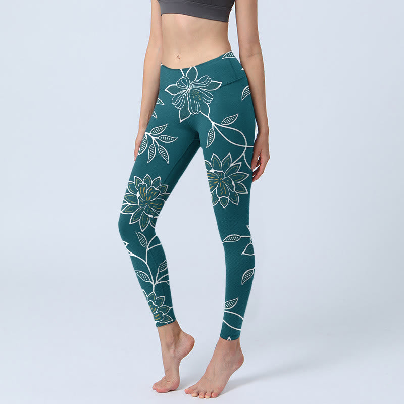 Buddha Stones Leggings de sport rétro élégants à imprimé floral et feuilles, pantalon de yoga pour femme - Sarcelle - US18，UK/AU22，EU50 (4XL) - image 0