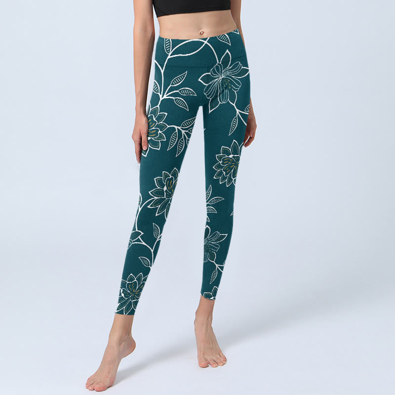 Buddha Stones Leggings de sport rétro élégants à imprimé floral et feuilles, pantalon de yoga pour femme - image 5