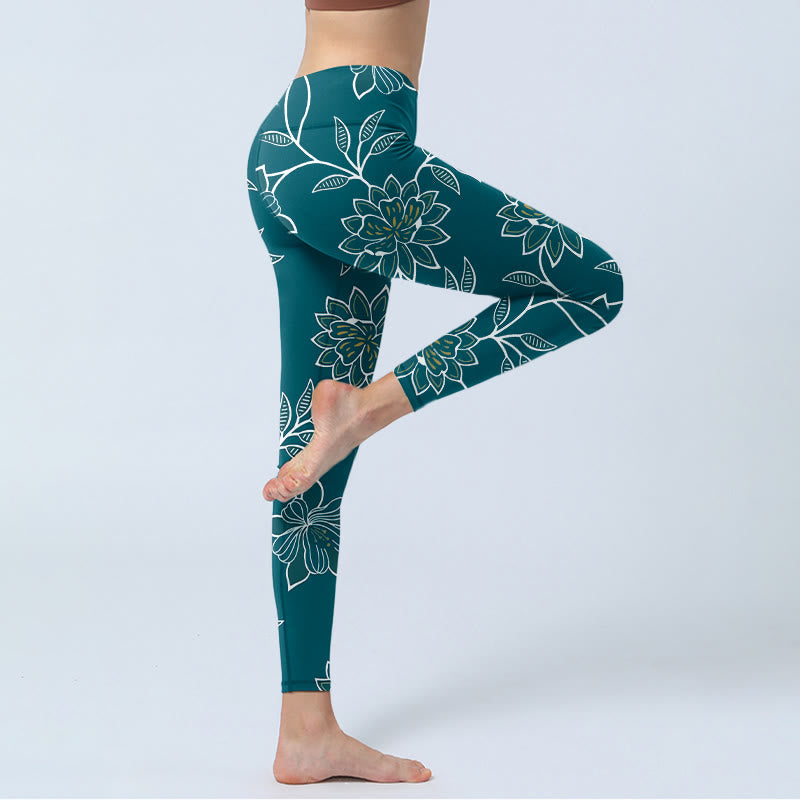 Buddha Stones Leggings de sport rétro élégants à imprimé floral et feuilles, pantalon de yoga pour femme - image 3