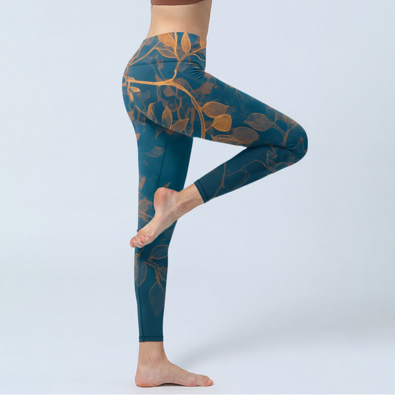 Buddha Stones Leggings de sport imprimés à motif de feuilles élégant, pantalon de yoga pour femme - image 3