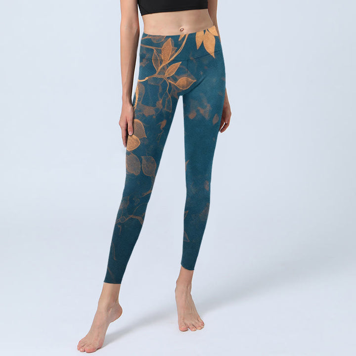 Buddha Stones Leggings de sport imprimés à motif de feuilles élégant, pantalon de yoga pour femme - image 5