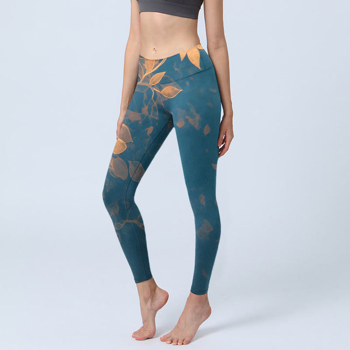 Buddha Stones Leggings de sport imprimés à motif de feuilles élégant, pantalon de yoga pour femme - SteelBlue - US18，UK/AU22，EU50 (4XL) - image 0