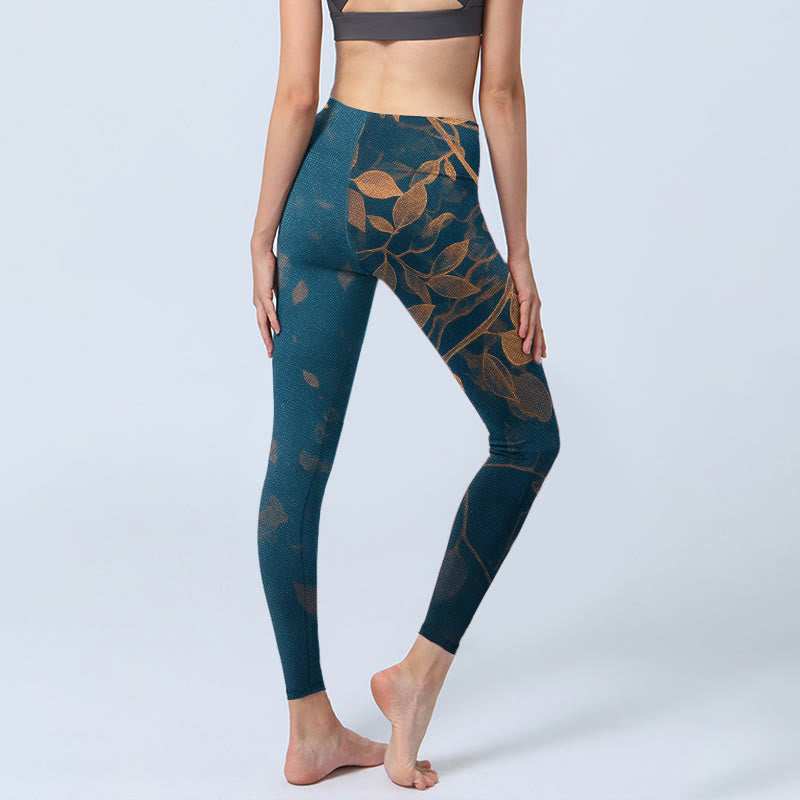 Buddha Stones Leggings de sport imprimés à motif de feuilles élégant, pantalon de yoga pour femme - image 4