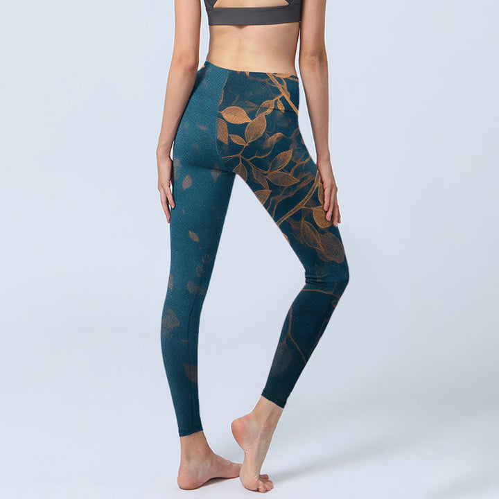Buddha Stones Leggings de sport imprimés à motif de feuilles élégant, pantalon de yoga pour femme - image 4