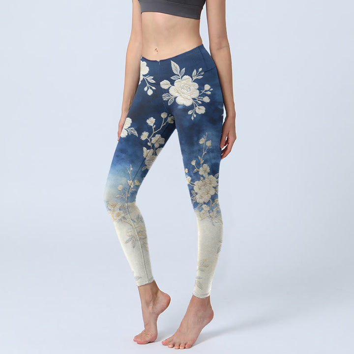 Buddha Stones Leggings de sport élégants et raffinés à imprimé floral, pantalon de yoga pour femme - Bleu foncé - US18，UK/AU22，EU50 (4XL) - image 0