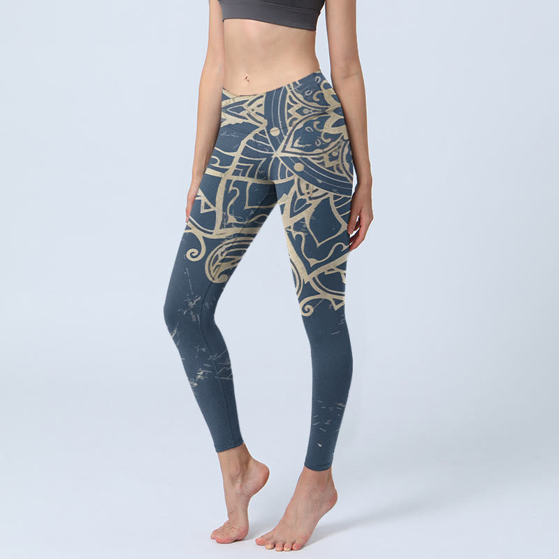 Buddha Stones Leggings de sport imprimés mandala rétro, pantalon de yoga pour femme - SteelBlue - US18，UK/AU22，EU50 (4XL) - image 0