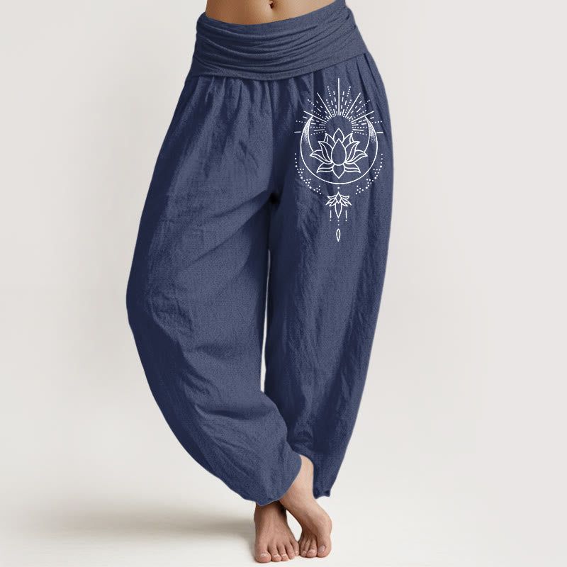 Buddha Stones Pantalon harem pour femme en pur coton à motif floral lotus épuré et taille élastique - Bleu ardoise foncé - US16，UK/AU20，EU48 (3XL) - image 0