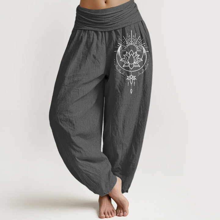 Buddha Stones Pantalon harem pour femme en pur coton à motif floral lotus épuré et taille élastique - Gris terne - US16，UK/AU20，EU48 (3XL) - image 8