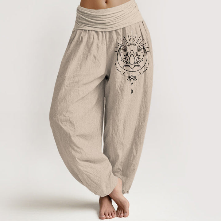 Buddha Stones Pantalon harem pour femme en pur coton à motif floral lotus épuré et taille élastique - Tanné - US16，UK/AU20，EU48 (3XL) - image 11