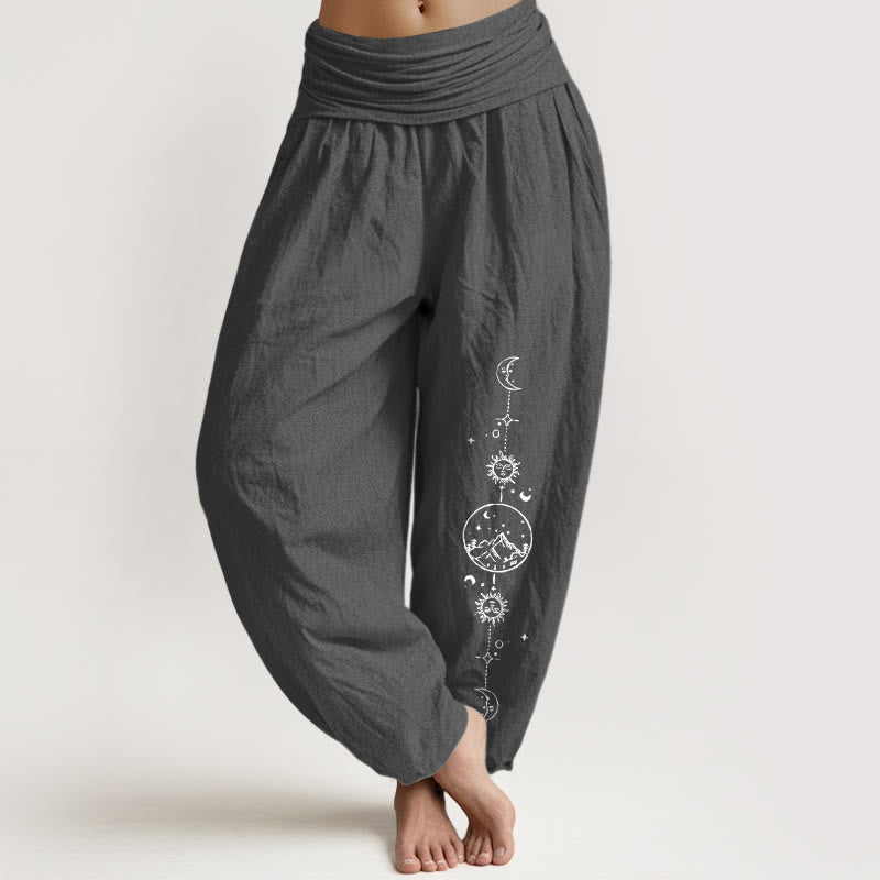Buddha Stones Pantalon harem pour femme en pur coton, design minimaliste, motif lune, soleil, étoiles et montagnes, taille élastique - Gris sombre - US16，UK/AU20，EU48 (3XL) - image 0