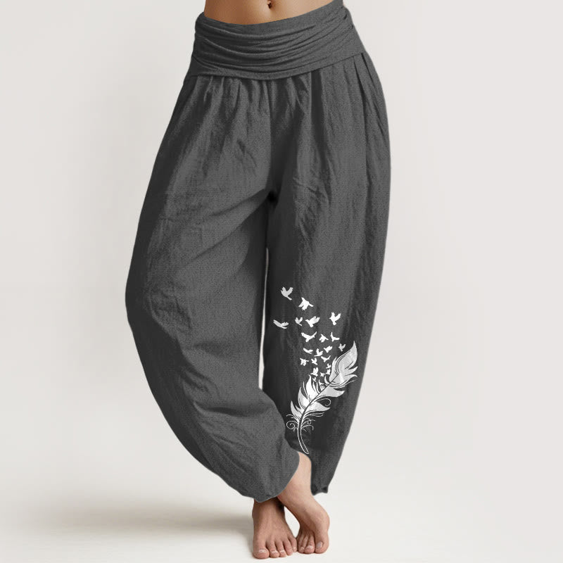 Buddha Stones Pantalon harem pour femme en pur coton à motif de plumes d'oiseaux éclatantes et taille élastique - Gris sombre - US16，UK/AU20，EU48 (3XL) - image 0