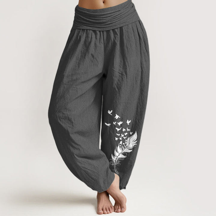 Buddha Stones Pantalon harem pour femme en pur coton à motif de plumes d'oiseaux éclatantes et taille élastique - Gris sombre - US16，UK/AU20，EU48 (3XL) - image 0