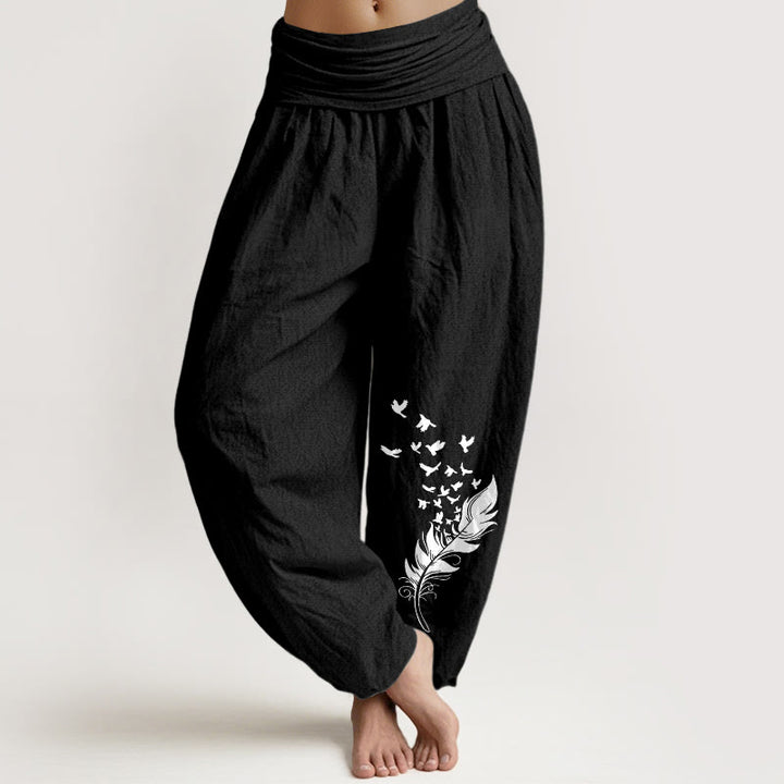 Buddha Stones Pantalon harem pour femme en pur coton à motif de plumes d'oiseaux éclatantes et taille élastique - Noir - US16，UK/AU20，EU48 (3XL) - image 5