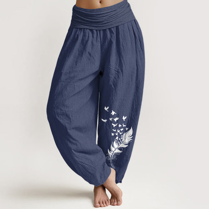 Buddha Stones Pantalon harem pour femme en pur coton à motif de plumes d'oiseaux éclatantes et taille élastique - Bleu ardoise foncé - US16，UK/AU20，EU48 (3XL) - image 8