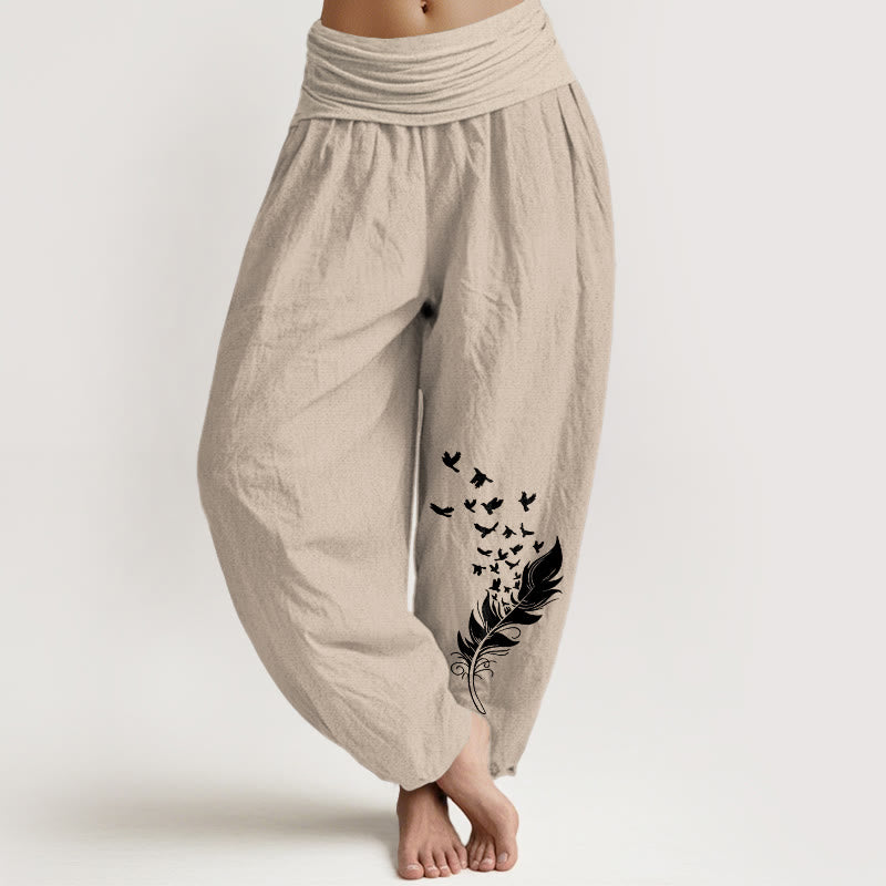 Buddha Stones Pantalon harem pour femme en pur coton à motif de plumes d'oiseaux éclatantes et taille élastique - Tanné - US16，UK/AU20，EU48 (3XL) - image 11