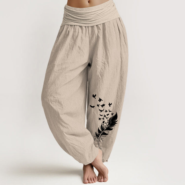 Buddha Stones Pantalon harem pour femme en pur coton à motif de plumes d'oiseaux éclatantes et taille élastique - Tanné - US16，UK/AU20，EU48 (3XL) - image 11