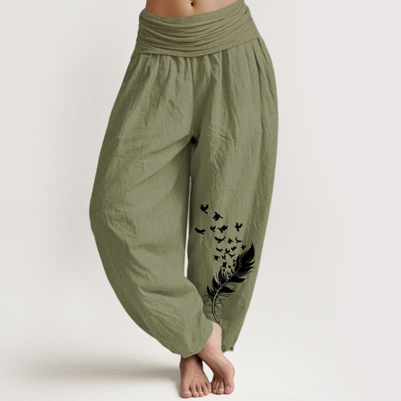 Buddha Stones Pantalon harem pour femme en pur coton à motif de plumes d'oiseaux éclatantes et taille élastique - Vert olive - US16，UK/AU20，EU48 (3XL) - image 14