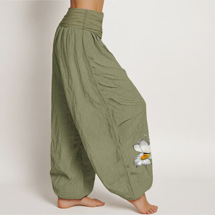 Buddha Stones Pantalon harem femme en pur coton, élégant, à motif marguerite, papillon et libellule, taille élastique - image 2