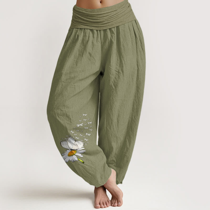 Buddha Stones Pantalon harem femme en pur coton, élégant, à motif marguerite, papillon et libellule, taille élastique - Vert olive - US16，UK/AU20，EU48 (3XL) - image 0
