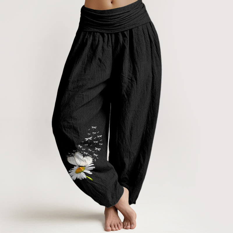 Buddha Stones Pantalon harem femme en pur coton, élégant, à motif marguerite, papillon et libellule, taille élastique - Noir - US16，UK/AU20，EU48 (3XL) - image 5