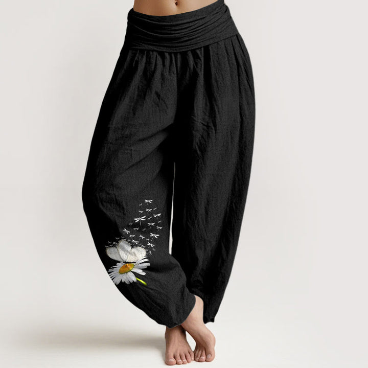 Buddha Stones Pantalon harem femme en pur coton, élégant, à motif marguerite, papillon et libellule, taille élastique - Noir - US16，UK/AU20，EU48 (3XL) - image 5