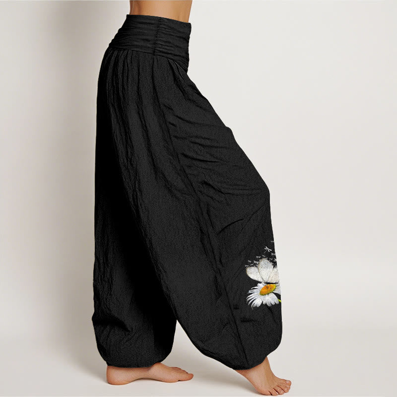 Buddha Stones Pantalon harem femme en pur coton, élégant, à motif marguerite, papillon et libellule, taille élastique - image 7