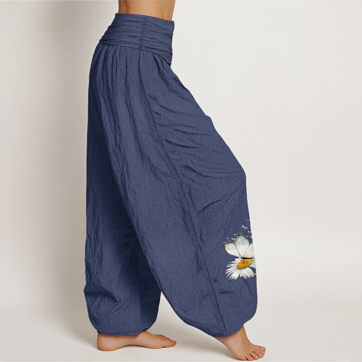 Buddha Stones Pantalon harem femme en pur coton, élégant, à motif marguerite, papillon et libellule, taille élastique - image 10