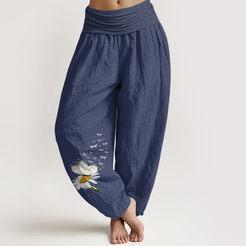 Buddha Stones Pantalon harem femme en pur coton, élégant, à motif marguerite, papillon et libellule, taille élastique - Bleu ardoise foncé - US16，UK/AU20，EU48 (3XL) - image 8