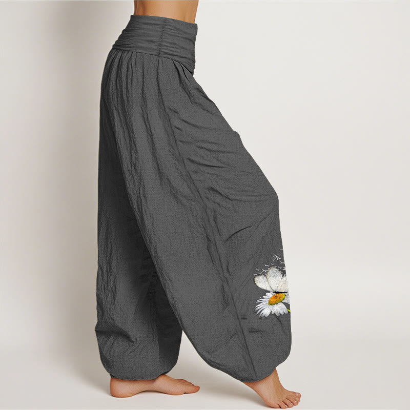 Buddha Stones Pantalon harem femme en pur coton, élégant, à motif marguerite, papillon et libellule, taille élastique - image 13