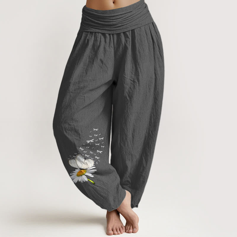 Buddha Stones Pantalon harem femme en pur coton, élégant, à motif marguerite, papillon et libellule, taille élastique - Gris terne - US16，UK/AU20，EU48 (3XL) - image 11