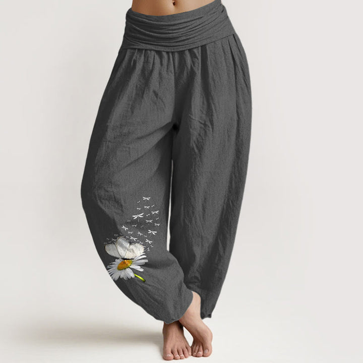 Buddha Stones Pantalon harem femme en pur coton, élégant, à motif marguerite, papillon et libellule, taille élastique - Gris terne - US16，UK/AU20，EU48 (3XL) - image 11