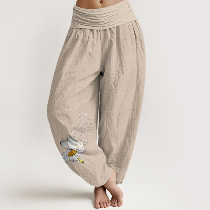 Buddha Stones Pantalon harem femme en pur coton, élégant, à motif marguerite, papillon et libellule, taille élastique - Tanné - US16，UK/AU20，EU48 (3XL) - image 14