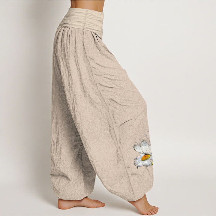 Buddha Stones Pantalon harem femme en pur coton, élégant, à motif marguerite, papillon et libellule, taille élastique - image 15