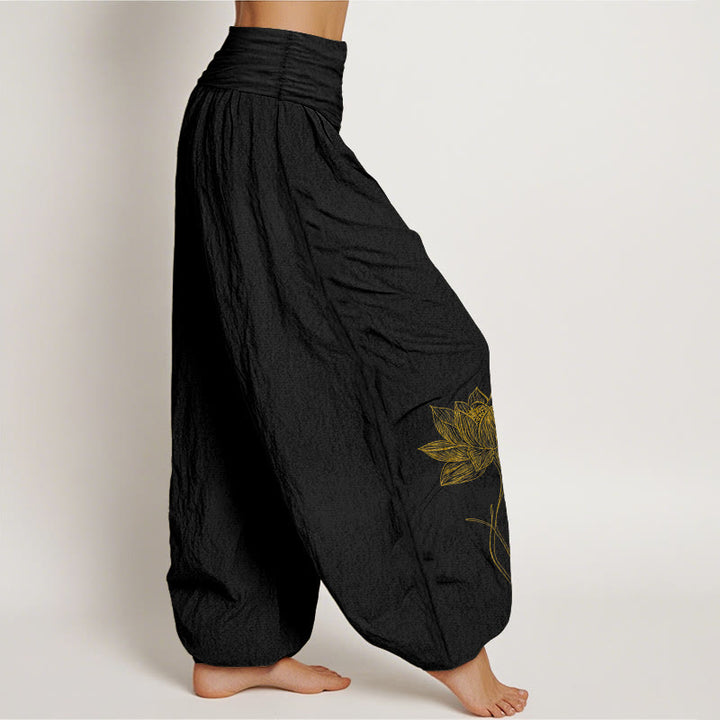 Buddha Stones Pantalon harem pour femme en pur coton, élégant, à motif de fleur de lotus et taille élastique - image 2