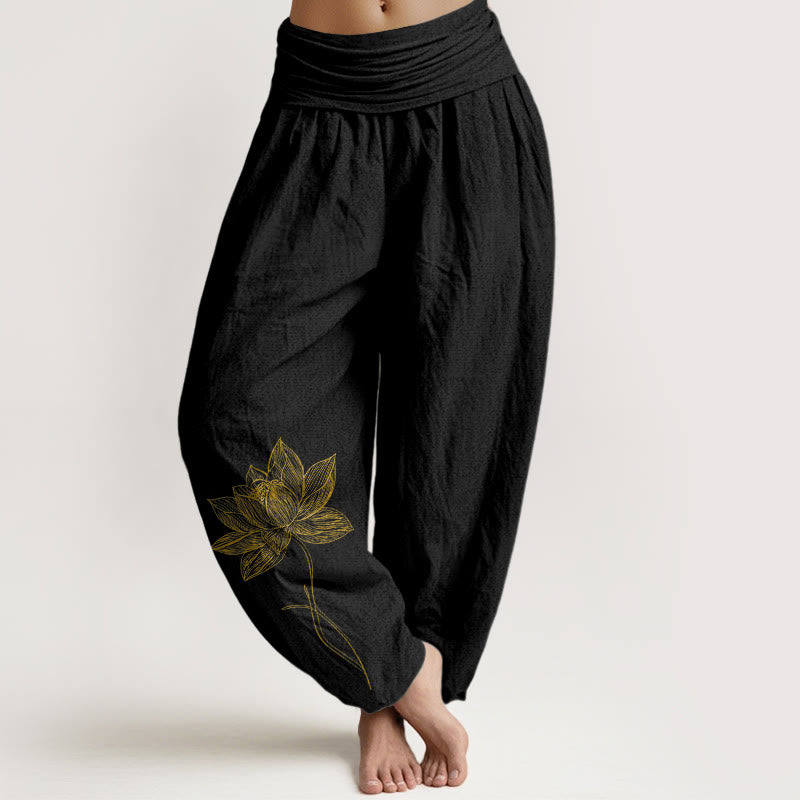 Buddha Stones Pantalon harem pour femme en pur coton, élégant, à motif de fleur de lotus et taille élastique - Noir - US16，UK/AU20，EU48 (3XL) - image 0
