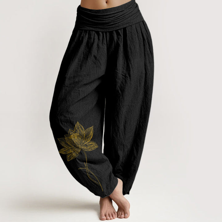 Buddha Stones Pantalon harem pour femme en pur coton, élégant, à motif de fleur de lotus et taille élastique - Noir - US16，UK/AU20，EU48 (3XL) - image 0