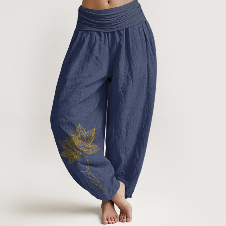 Buddha Stones Pantalon harem pour femme en pur coton, élégant, à motif de fleur de lotus et taille élastique - Bleu ardoise foncé - US16，UK/AU20，EU48 (3XL) - image 5
