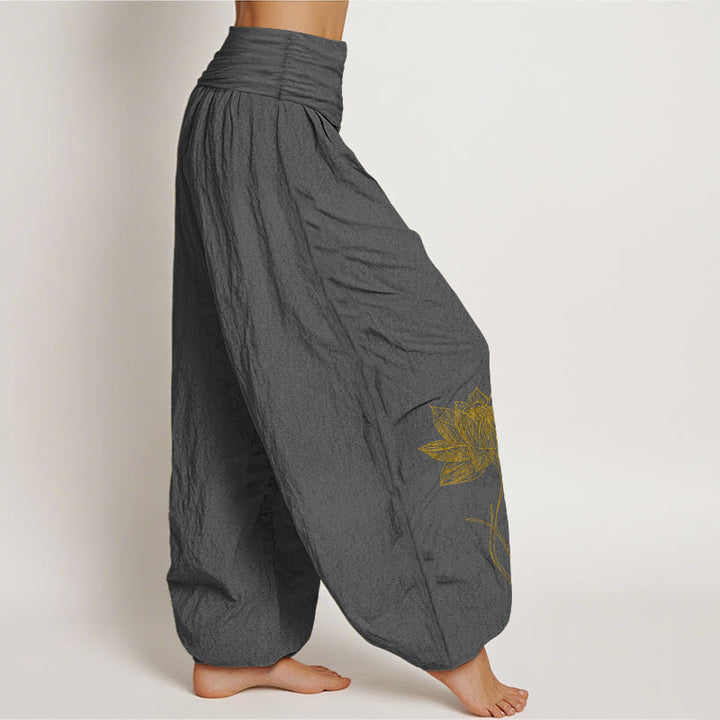 Buddha Stones Pantalon harem pour femme en pur coton, élégant, à motif de fleur de lotus et taille élastique - image 10