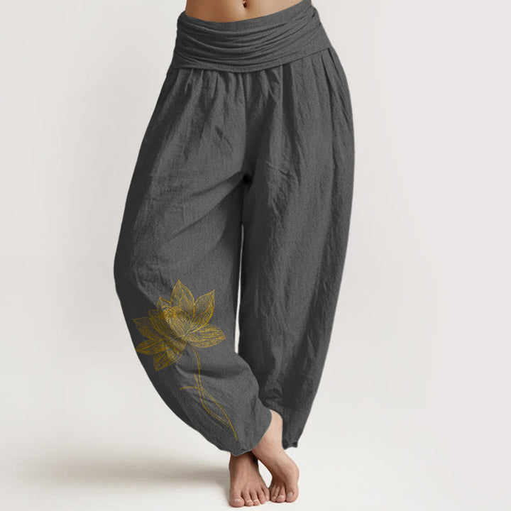 Buddha Stones Pantalon harem pour femme en pur coton, élégant, à motif de fleur de lotus et taille élastique - Gris terne - US16，UK/AU20，EU48 (3XL) - image 8