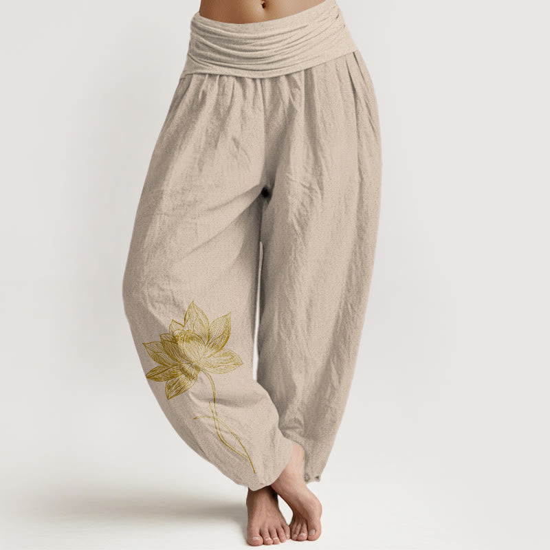 Buddha Stones Pantalon harem pour femme en pur coton, élégant, à motif de fleur de lotus et taille élastique - Tanné - US16，UK/AU20，EU48 (3XL) - image 11