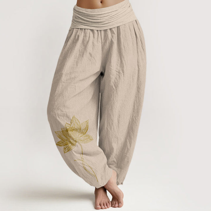Buddha Stones Pantalon harem pour femme en pur coton, élégant, à motif de fleur de lotus et taille élastique - Tanné - US16，UK/AU20，EU48 (3XL) - image 11
